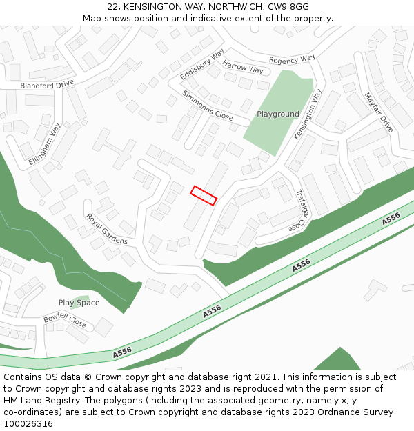 22, KENSINGTON WAY, NORTHWICH, CW9 8GG: Location map and indicative extent of plot