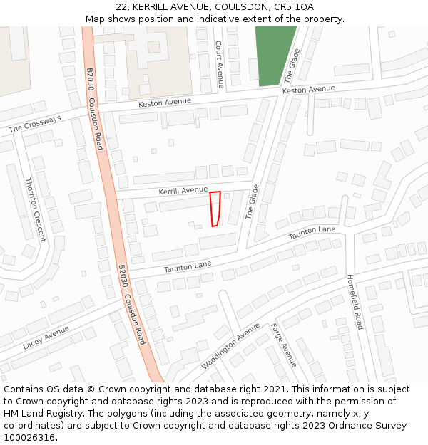 22, KERRILL AVENUE, COULSDON, CR5 1QA: Location map and indicative extent of plot