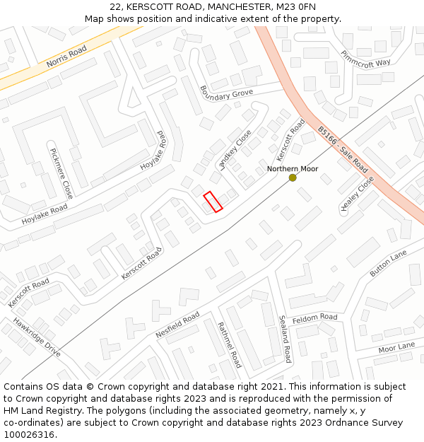 22, KERSCOTT ROAD, MANCHESTER, M23 0FN: Location map and indicative extent of plot