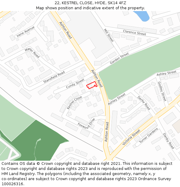 22, KESTREL CLOSE, HYDE, SK14 4FZ: Location map and indicative extent of plot
