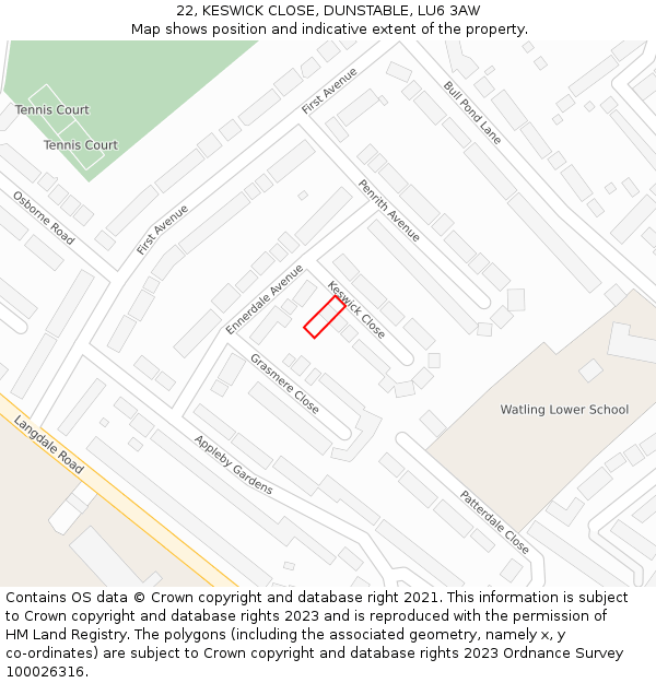 22, KESWICK CLOSE, DUNSTABLE, LU6 3AW: Location map and indicative extent of plot