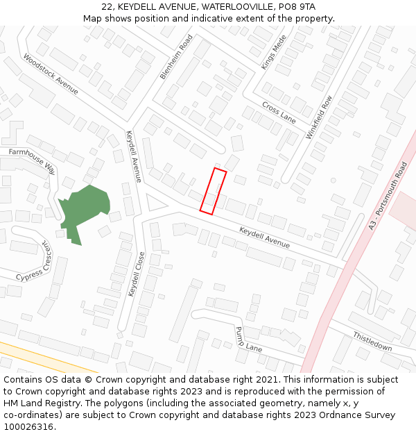 22, KEYDELL AVENUE, WATERLOOVILLE, PO8 9TA: Location map and indicative extent of plot