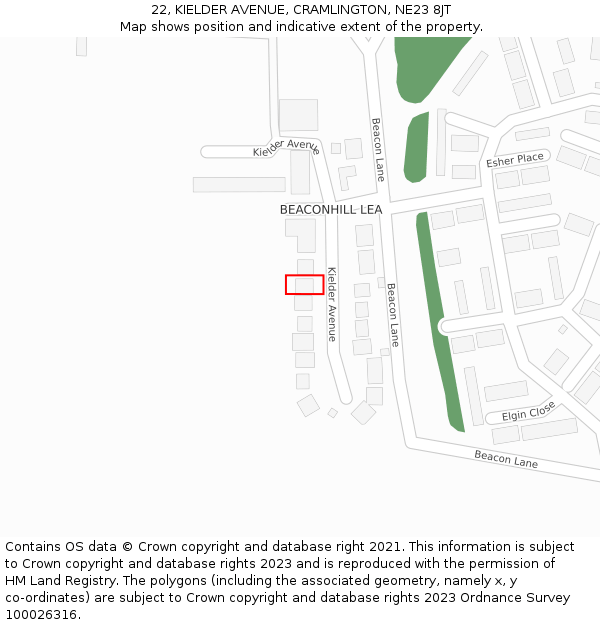 22, KIELDER AVENUE, CRAMLINGTON, NE23 8JT: Location map and indicative extent of plot
