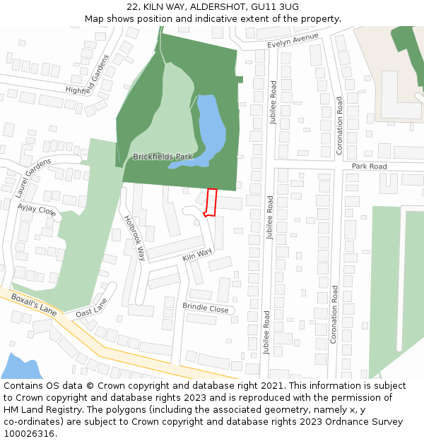 22, KILN WAY, ALDERSHOT, GU11 3UG: Location map and indicative extent of plot