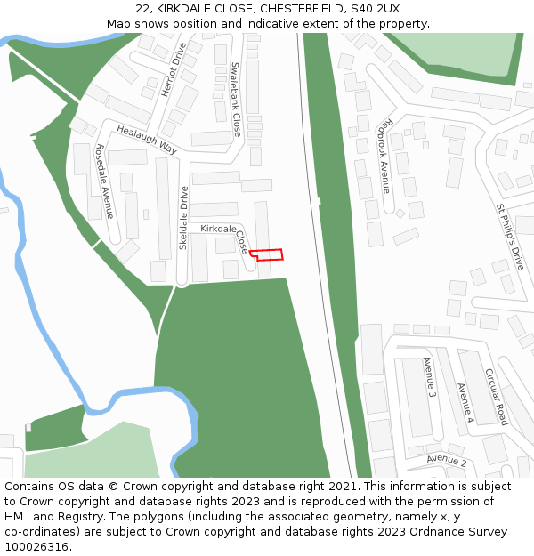 22, KIRKDALE CLOSE, CHESTERFIELD, S40 2UX: Location map and indicative extent of plot