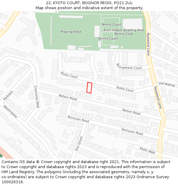 22, KYOTO COURT, BOGNOR REGIS, PO21 2UL: Location map and indicative extent of plot