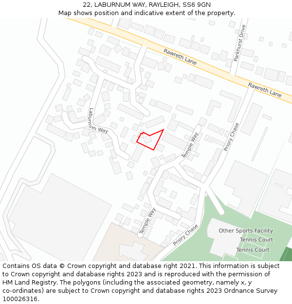 22, LABURNUM WAY, RAYLEIGH, SS6 9GN: Location map and indicative extent of plot