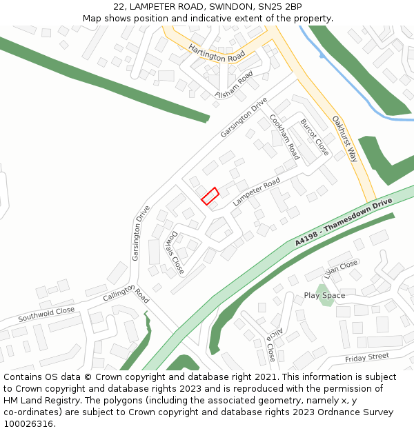 22, LAMPETER ROAD, SWINDON, SN25 2BP: Location map and indicative extent of plot