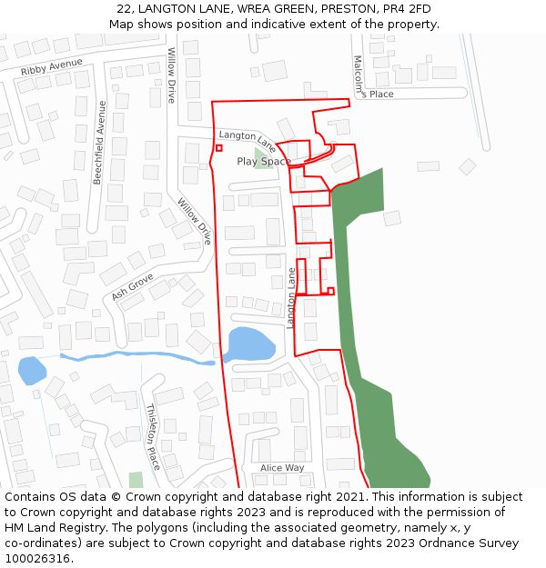 22, LANGTON LANE, WREA GREEN, PRESTON, PR4 2FD: Location map and indicative extent of plot