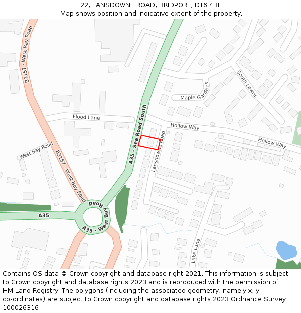 22, LANSDOWNE ROAD, BRIDPORT, DT6 4BE: Location map and indicative extent of plot