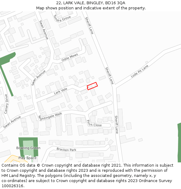 22, LARK VALE, BINGLEY, BD16 3QA: Location map and indicative extent of plot