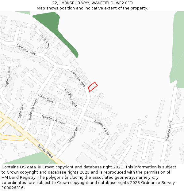 22, LARKSPUR WAY, WAKEFIELD, WF2 0FD: Location map and indicative extent of plot