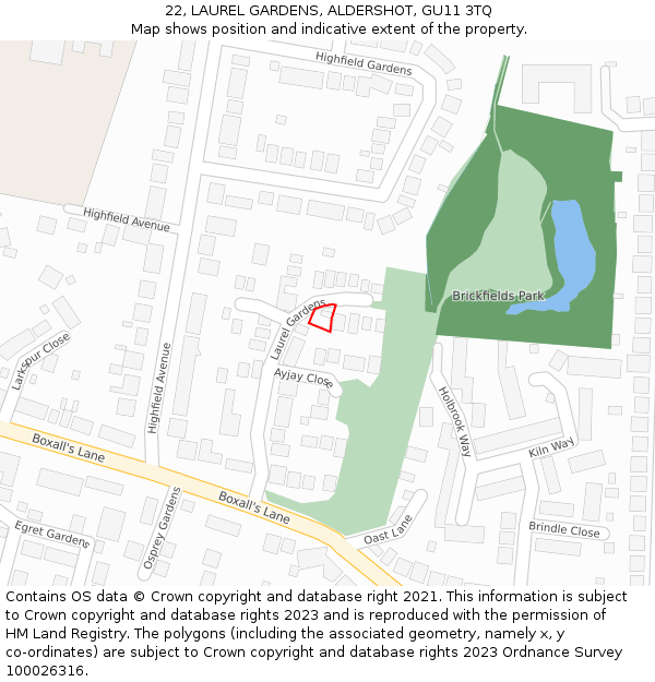 22, LAUREL GARDENS, ALDERSHOT, GU11 3TQ: Location map and indicative extent of plot