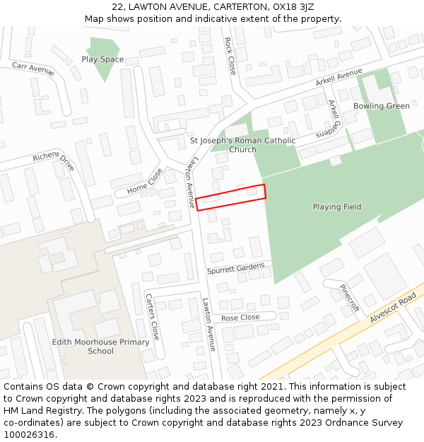 22, LAWTON AVENUE, CARTERTON, OX18 3JZ: Location map and indicative extent of plot