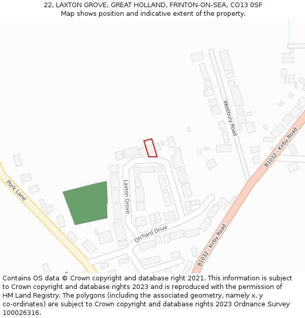 22, LAXTON GROVE, GREAT HOLLAND, FRINTON-ON-SEA, CO13 0SF: Location map and indicative extent of plot