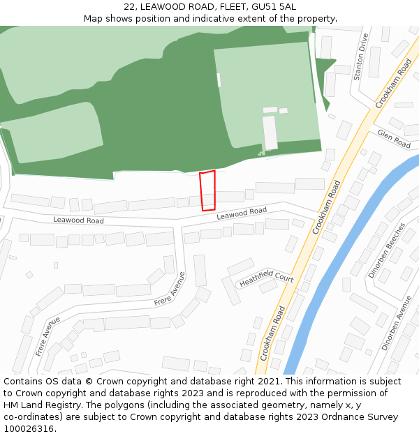 22, LEAWOOD ROAD, FLEET, GU51 5AL: Location map and indicative extent of plot