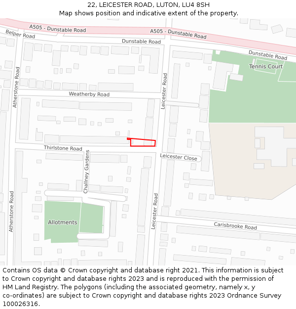 22, LEICESTER ROAD, LUTON, LU4 8SH: Location map and indicative extent of plot