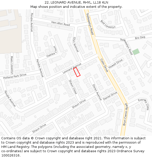 22, LEONARD AVENUE, RHYL, LL18 4LN: Location map and indicative extent of plot