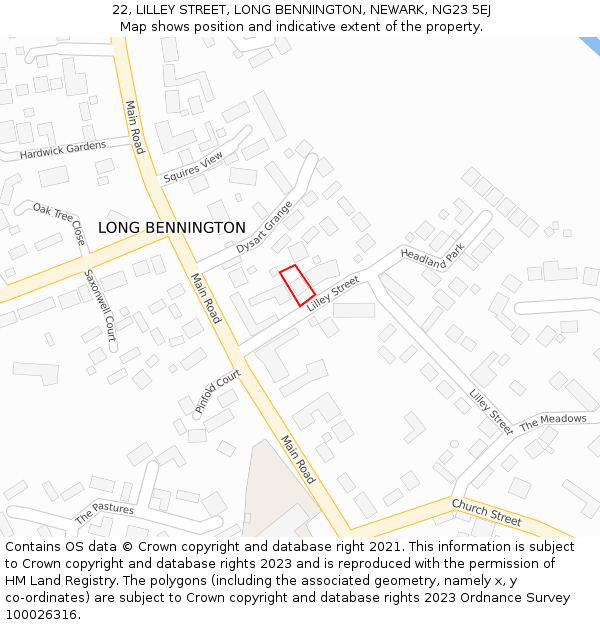 22, LILLEY STREET, LONG BENNINGTON, NEWARK, NG23 5EJ: Location map and indicative extent of plot