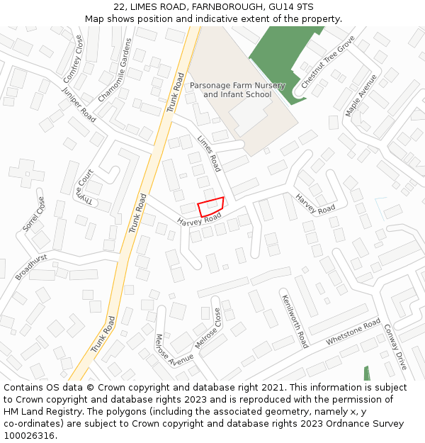 22, LIMES ROAD, FARNBOROUGH, GU14 9TS: Location map and indicative extent of plot