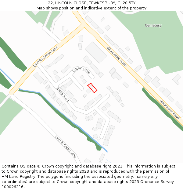22, LINCOLN CLOSE, TEWKESBURY, GL20 5TY: Location map and indicative extent of plot