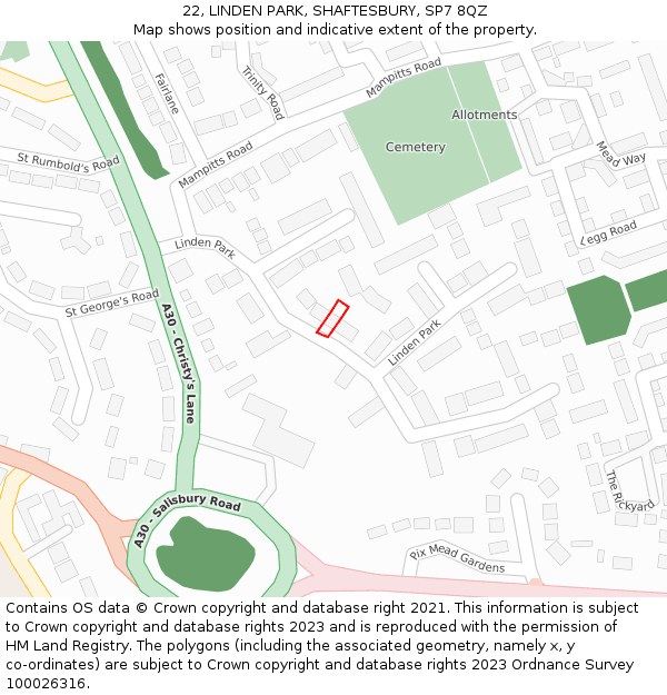 22, LINDEN PARK, SHAFTESBURY, SP7 8QZ: Location map and indicative extent of plot