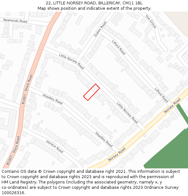 22, LITTLE NORSEY ROAD, BILLERICAY, CM11 1BL: Location map and indicative extent of plot