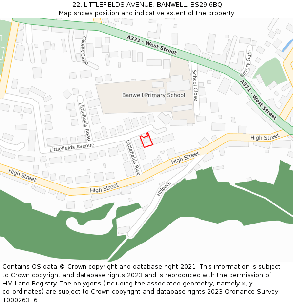 22, LITTLEFIELDS AVENUE, BANWELL, BS29 6BQ: Location map and indicative extent of plot