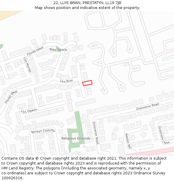 22, LLYS BRAN, PRESTATYN, LL19 7JB: Location map and indicative extent of plot