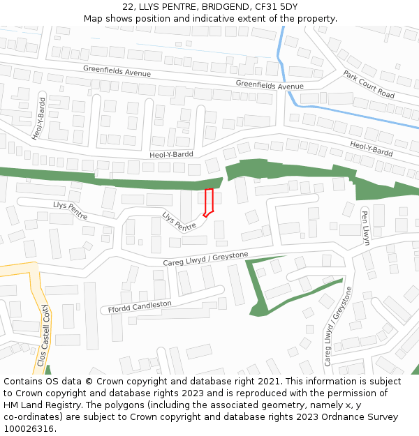 22, LLYS PENTRE, BRIDGEND, CF31 5DY: Location map and indicative extent of plot