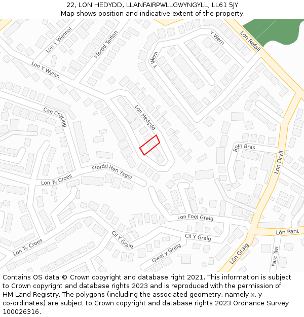 22, LON HEDYDD, LLANFAIRPWLLGWYNGYLL, LL61 5JY: Location map and indicative extent of plot