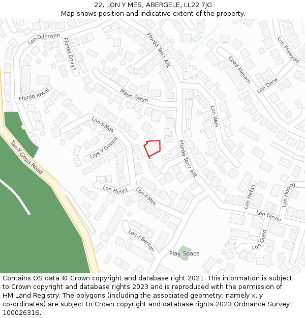 22, LON Y MES, ABERGELE, LL22 7JG: Location map and indicative extent of plot