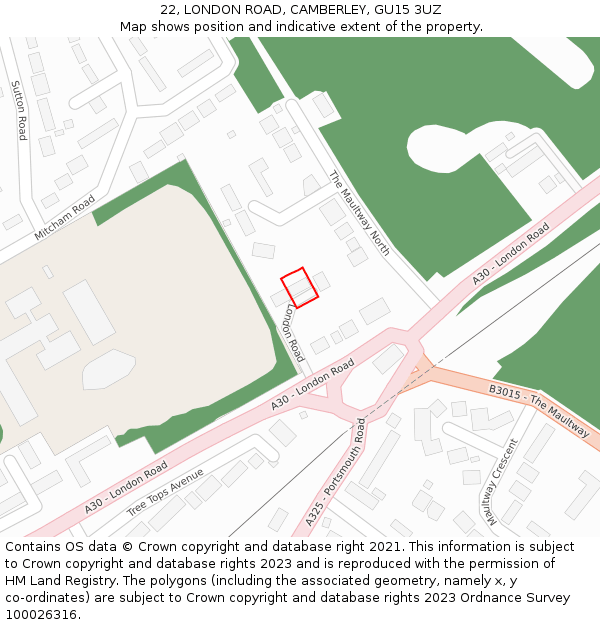 22, LONDON ROAD, CAMBERLEY, GU15 3UZ: Location map and indicative extent of plot