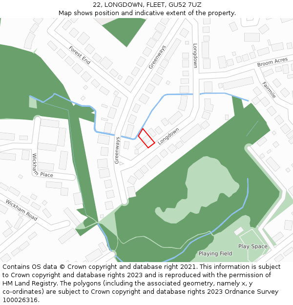 22, LONGDOWN, FLEET, GU52 7UZ: Location map and indicative extent of plot