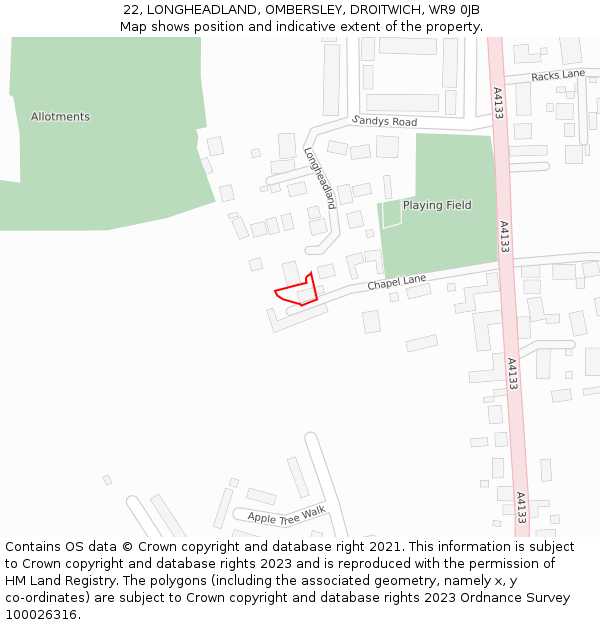 22, LONGHEADLAND, OMBERSLEY, DROITWICH, WR9 0JB: Location map and indicative extent of plot