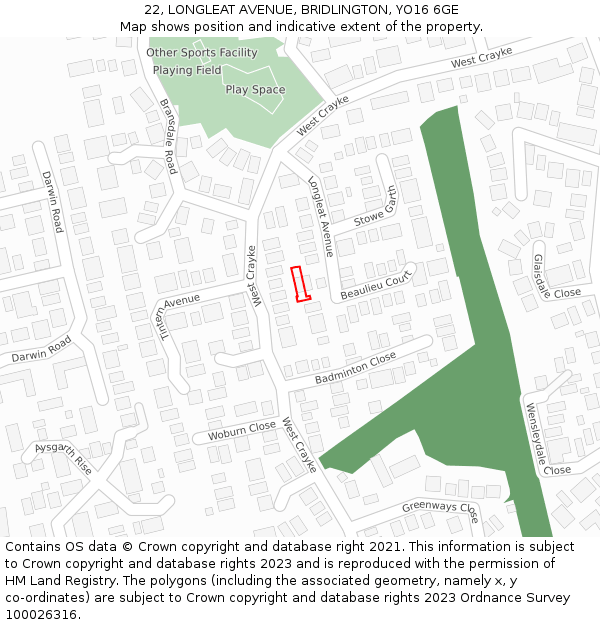 22, LONGLEAT AVENUE, BRIDLINGTON, YO16 6GE: Location map and indicative extent of plot