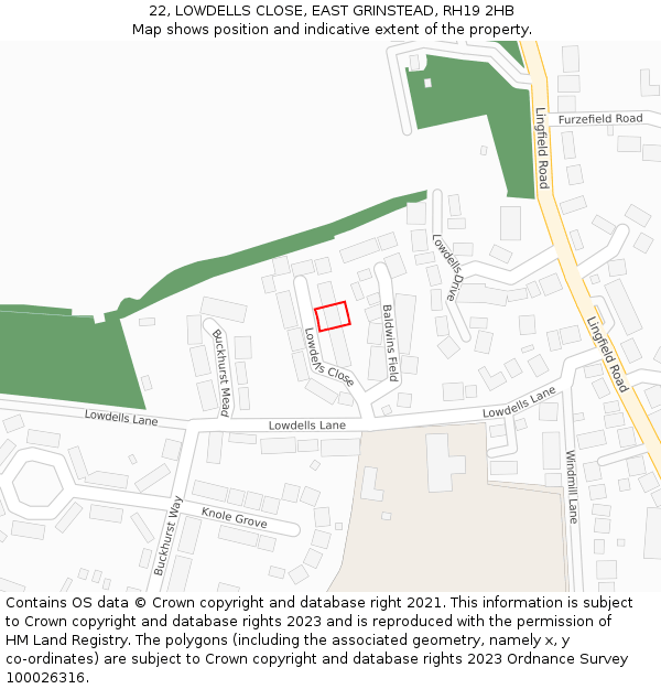 22, LOWDELLS CLOSE, EAST GRINSTEAD, RH19 2HB: Location map and indicative extent of plot