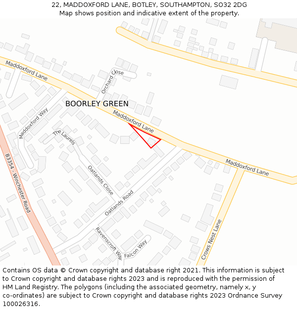 22, MADDOXFORD LANE, BOTLEY, SOUTHAMPTON, SO32 2DG: Location map and indicative extent of plot