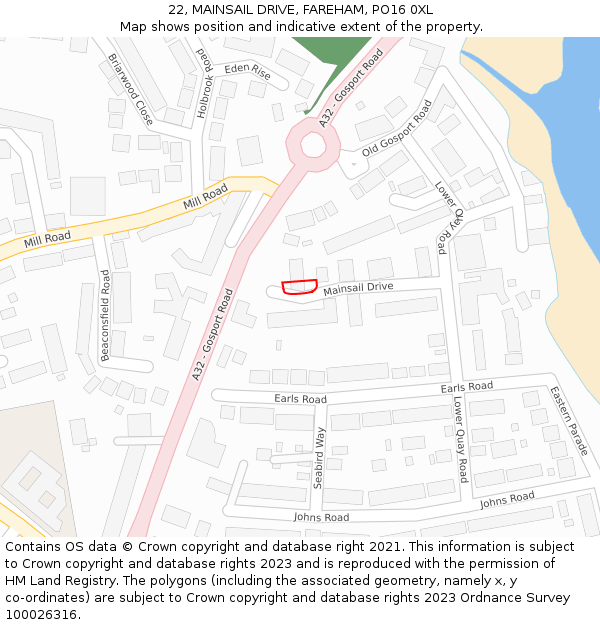 22, MAINSAIL DRIVE, FAREHAM, PO16 0XL: Location map and indicative extent of plot