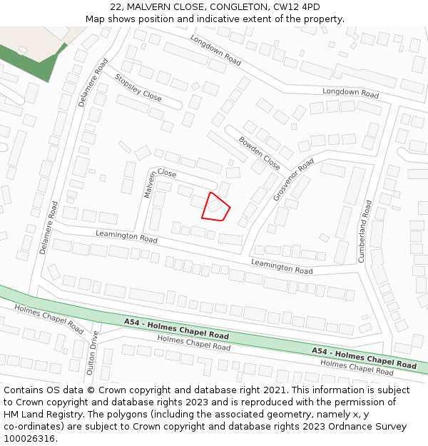 22, MALVERN CLOSE, CONGLETON, CW12 4PD: Location map and indicative extent of plot