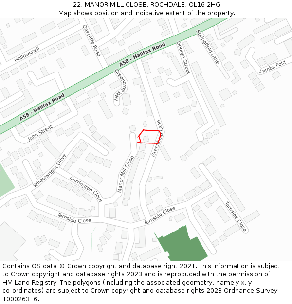 22, MANOR MILL CLOSE, ROCHDALE, OL16 2HG: Location map and indicative extent of plot