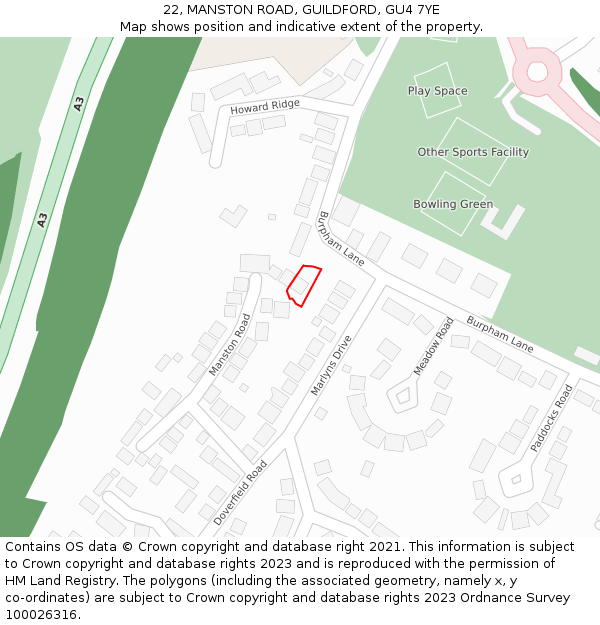 22, MANSTON ROAD, GUILDFORD, GU4 7YE: Location map and indicative extent of plot