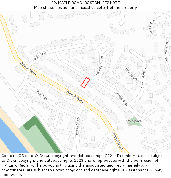 22, MAPLE ROAD, BOSTON, PE21 0BZ: Location map and indicative extent of plot