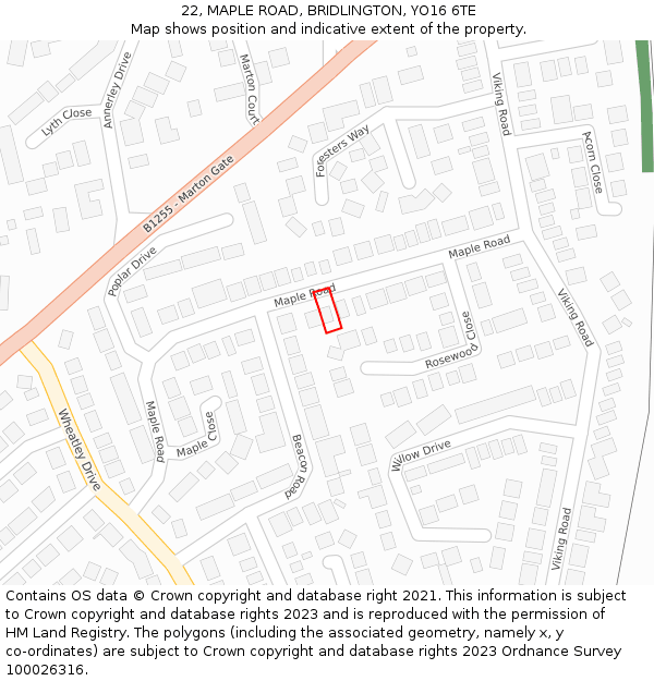 22, MAPLE ROAD, BRIDLINGTON, YO16 6TE: Location map and indicative extent of plot