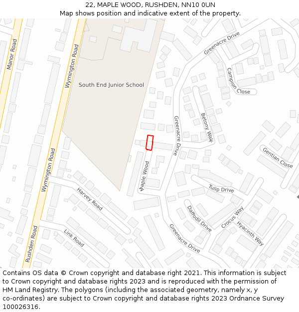 22, MAPLE WOOD, RUSHDEN, NN10 0UN: Location map and indicative extent of plot