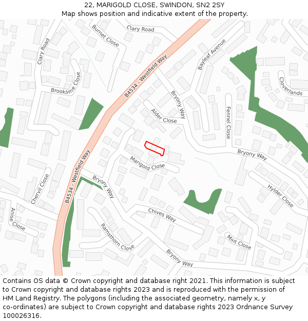 22, MARIGOLD CLOSE, SWINDON, SN2 2SY: Location map and indicative extent of plot