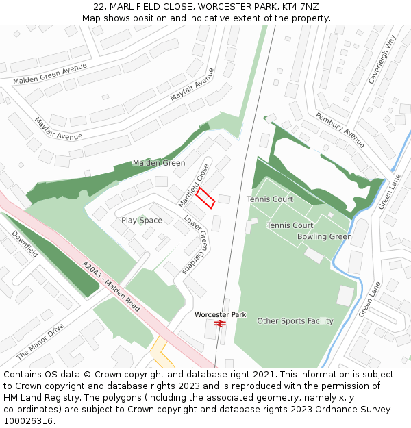 22, MARL FIELD CLOSE, WORCESTER PARK, KT4 7NZ: Location map and indicative extent of plot