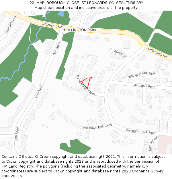 22, MARLBOROUGH CLOSE, ST LEONARDS-ON-SEA, TN38 0RY: Location map and indicative extent of plot