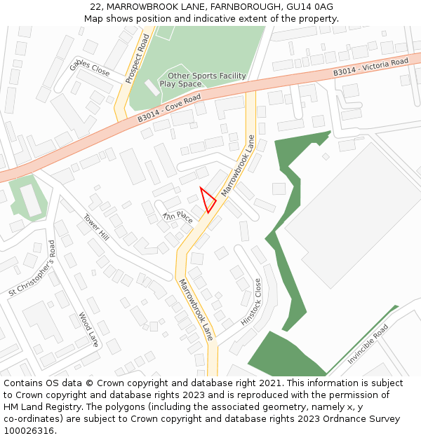 22, MARROWBROOK LANE, FARNBOROUGH, GU14 0AG: Location map and indicative extent of plot