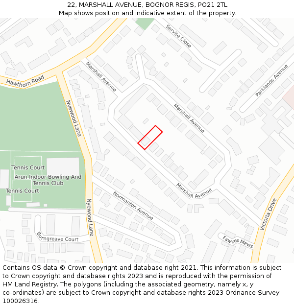 22, MARSHALL AVENUE, BOGNOR REGIS, PO21 2TL: Location map and indicative extent of plot